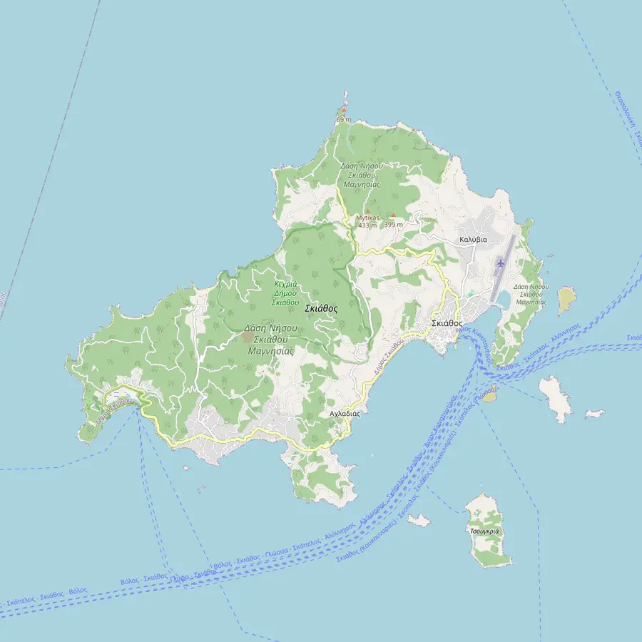 Map of Skiathos from Koukounaries in the south-west to Lalaria and Kastro in the north